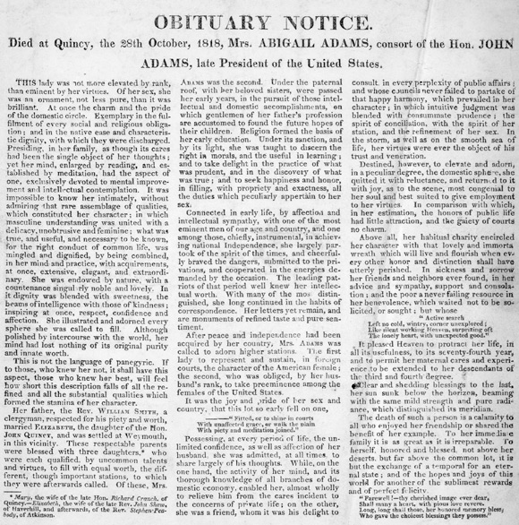 阿比蓋爾亞當斯的訃文 Obituary Notice for Abigail Adams 