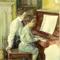 Watercolor, 'Woman giving little boy piano lesson'.
