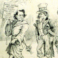 An 1896 cartoon of Bryan leading figures including Uncle Sam, in support of 'Free Silver.'