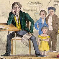 卡通內容呈現出1837年經濟大恐慌時期、零售店所面臨的問題 This cartoon shows the problems of a tradesman during the Panic of 1837. 