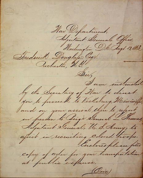 Letter from C.W. Foster, U.S. War Department, to Frederick Douglass, August 13, 1863.