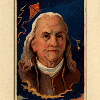 以班傑明富蘭克林為主角的遊戲卡 A trading card drawing of Ben Franklin with lightning 