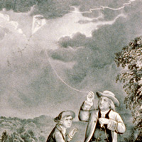 富蘭克林風箏實驗的畫像 A drawing of Franklin's kite experiment