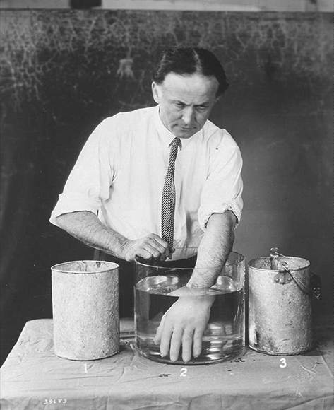 Houdini wearing a hand mold.