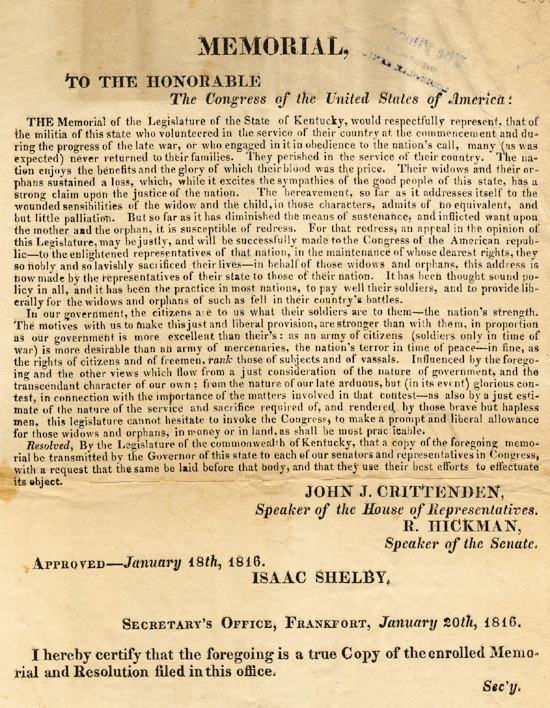 肯塔基州國會議員針對在1812年戰爭中喪失軍人的遺孀與子女、提出撫卹金的解決方案 Resolution from Kentucky's Congress regarding payments to the widows and orphans of soldiers in the War of 1812 