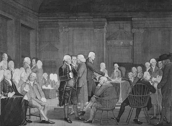 Engraving of Jefferson placing the Declaration before the Continental Congress as Benjamin Franklin and John Hancock look on