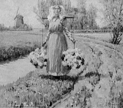 一幅荷蘭女孩拿著花的畫作 Painting of a Dutch girl holding flowers 