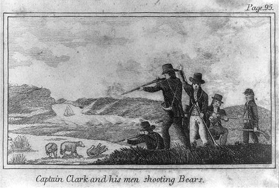 Black and white drawing of men shooting bears