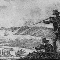 Black and white drawing of men shooting bears
