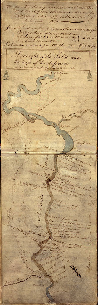 A color hand-drawn map of a river and the falls