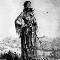 Black and white painting of Sacagawea standing on a hilltop