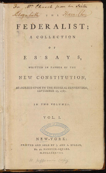 《聯邦黨人文集》 - 第一版出版時的展示 "The Federalist" - exhibit of the first bound copy 