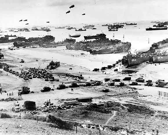 Aerial photograph of U.S. troops at beachhead in Normandy, France, on D-Day, June 6, 1944.