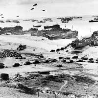 Aerial photograph of U.S. troops at beachhead in Normandy, France, on D-Day, June 6, 1944.