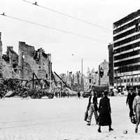 Photograph of bomb damaged buildings in Berlin, Germany, around 1946.