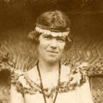 Sepia-toned photo of Mead in traditional Samoan dress
