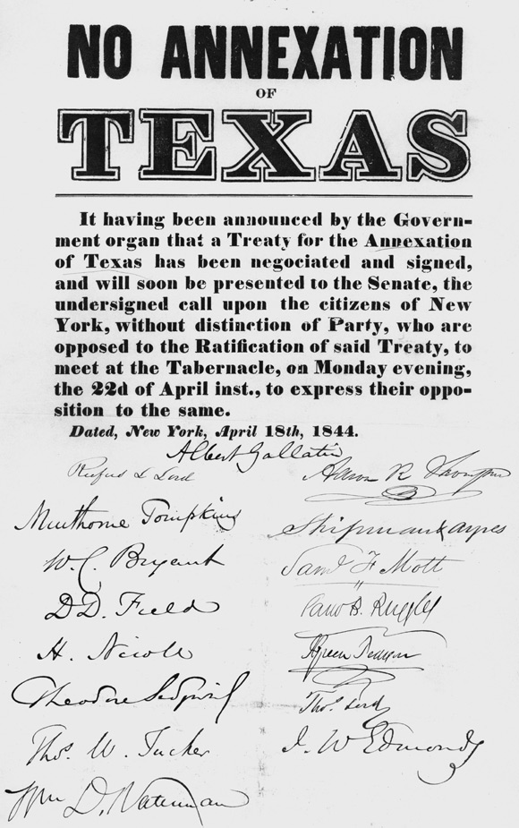 紐約人在此請願活動中表達反對納入德州的立場 New Yorkers opposed the annexation of Texas in this petition.