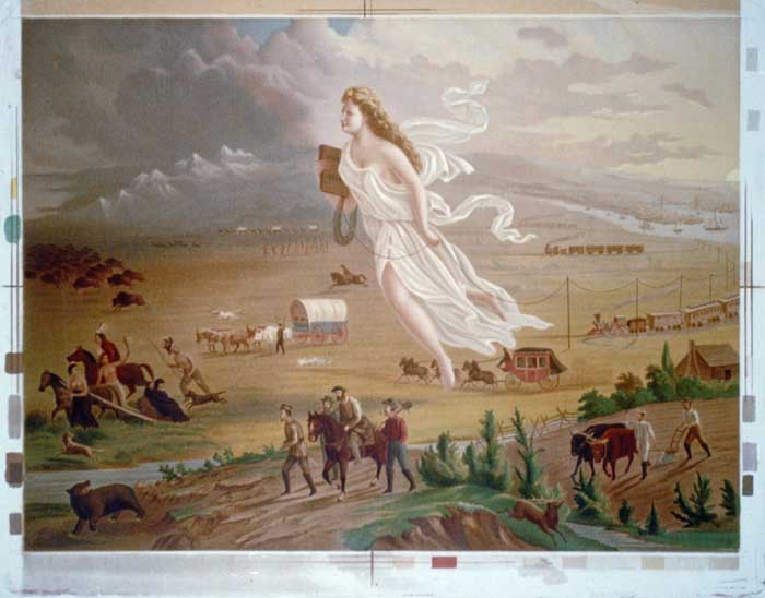 「必然天命」（Manifest Destiny）的畫作中、一位美國女性在天上引導西進之路。