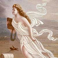 「必然天命」（Manifest Destiny）的畫作中、一位美國女性在天上引導西進之路。