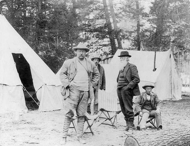 Theodore Roosevelt with John Burroughs and Billy Hofer at camp.