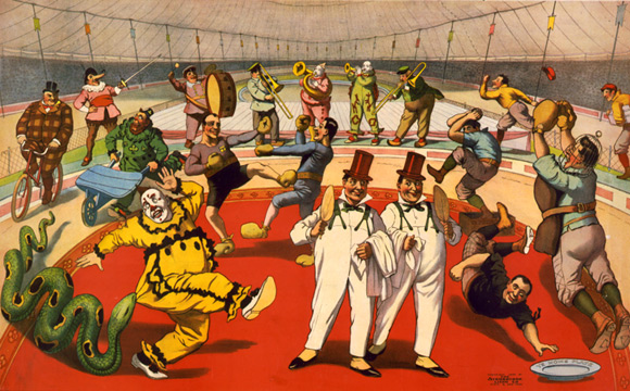 馬戲團演唱的彩色海報廣告 Color poster advertising a circus performance 