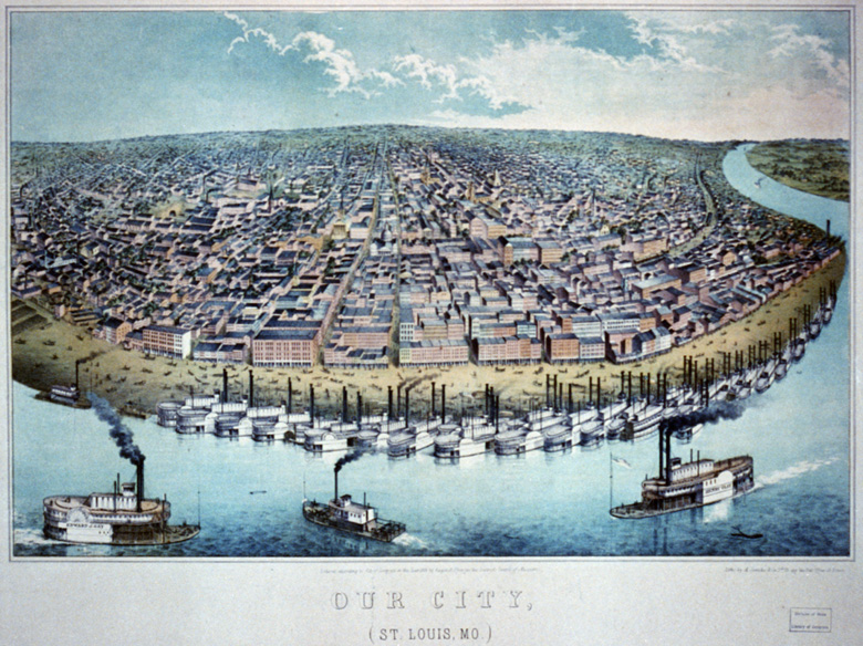 Bird's-eye view of St. Louis with riverboat traffic, 1859