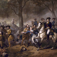 George Washington on horse, soldiers fighting during the battle of the Monongahela, 1755.