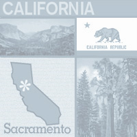 graphic map, flag and images of California