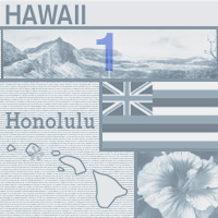 graphic map, flower and images of Hawaii