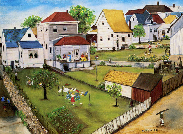 Painting of houses, backyards, and people