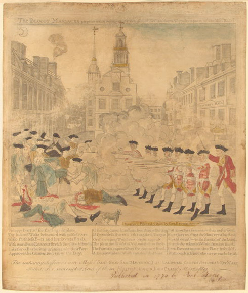 Paul Revere engraved and printed this depiction of the Boston Massacre in 1770.