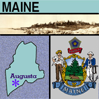 map graphic, coat of arms and images of Maine