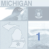 graphic map, bird and images of Michigan