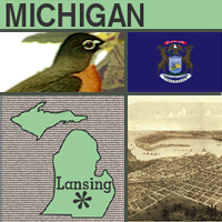 graphic map, bird and images of Michigan