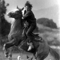 Photo of man riding a horse near a dog