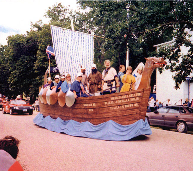 Photo of a Viking ship float in parade