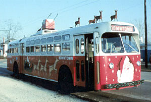 Photo of the first Dayton Christmas trolley, 1967
