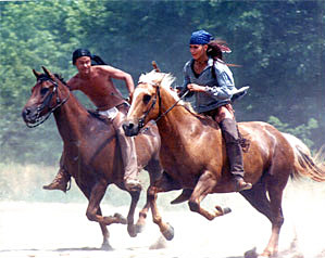 Photo of two Shawnee warriors riding horseback