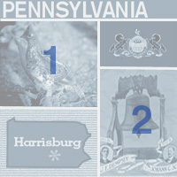 graphic map, bird, liberty bell and seal of Pennsylvania
