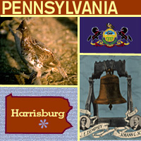 graphic map, bird, liberty bell and seal of Pennsylvania