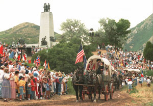 Photo of a re-enactment of Mormon pioneers arriving in Salt Lake Valley