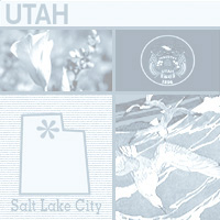 graphic map, flower, drawing of sea gull and seal of Utah