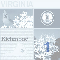 graphic map, bird, flower and seal of Virginia