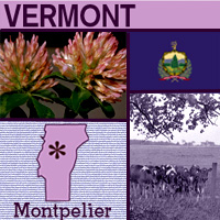 map graphic, flower and images of Vermont