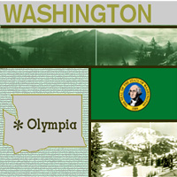 graphic map, seal and images of Washington