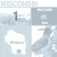 graphic map, bird, seal and image of Wisconsin