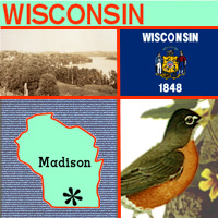 graphic map, bird, seal and image of Wisconsin