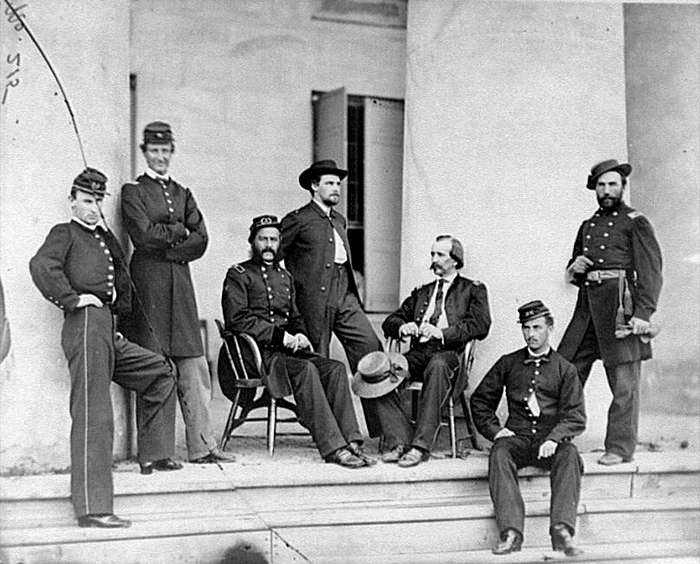 Arlington, Va. Brig. Gen. Gustavus A. DeRussey (third from left) and staff on portico of Arlington House.