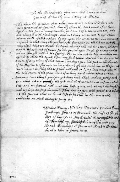 Petition for bail from accused witches, ca. 1692.