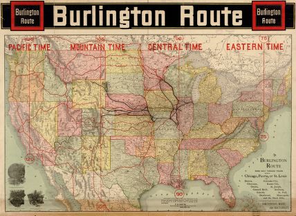 這張1892年的火車地圖顯示這條柏林頓與昆溪  (Burlington & Quency) 的鐵道路線，以及新的時區設置 